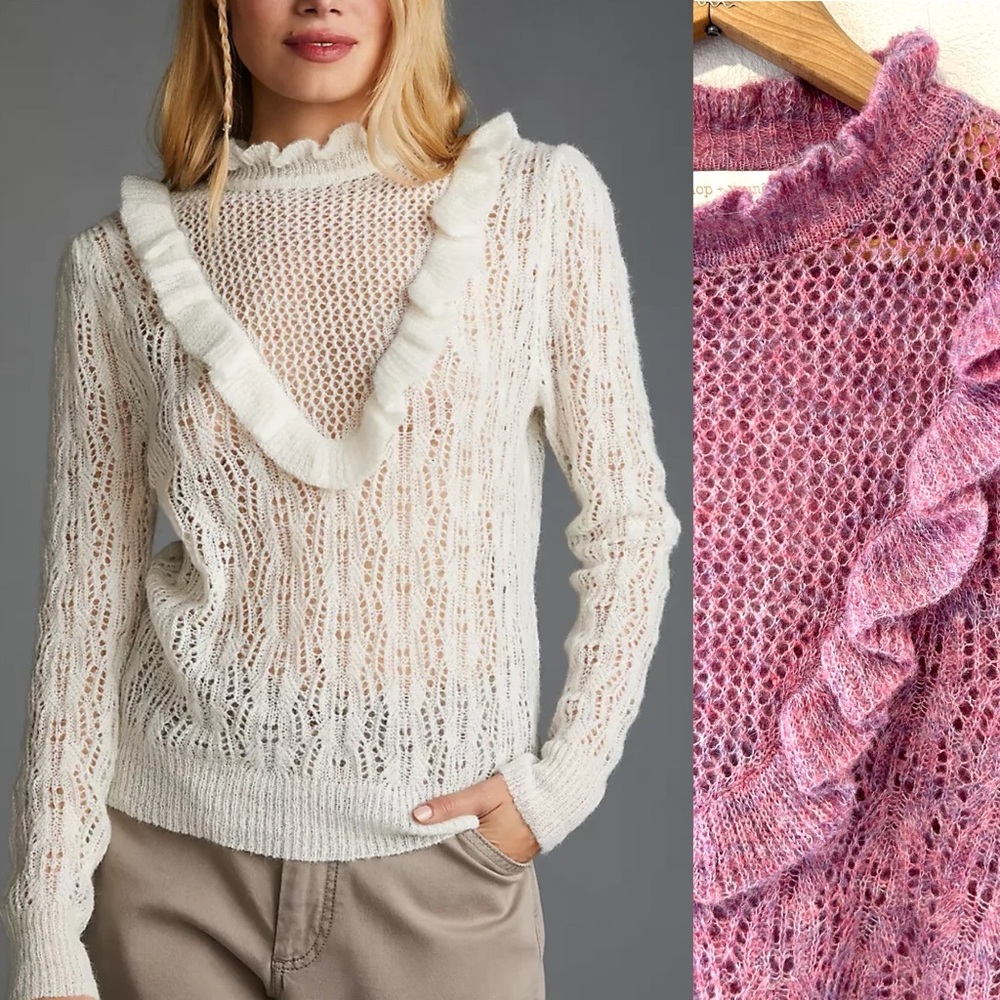 Bishop + Young Anthropologie Pink Ruffle Neck Wool Blend Sweater Luxury Size M
